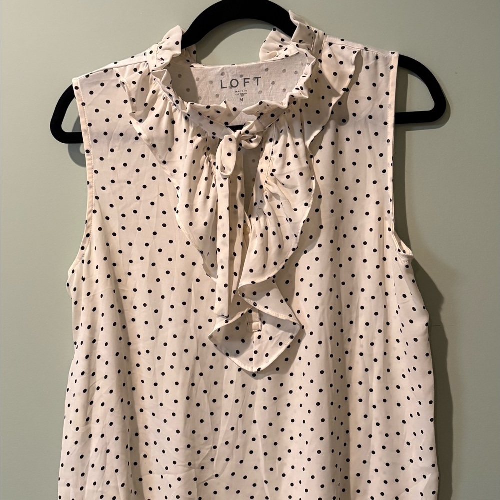 LOFT Polka Dot Ruffle Tie-Neck Blouse